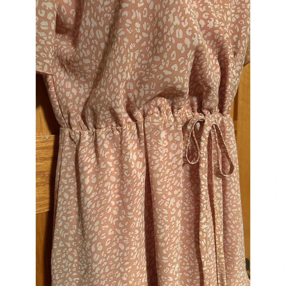 Pink Cottagecore Chiffon Wrap Mini Dress V-Neck Ruffle Hem Flutter Sleeve Small